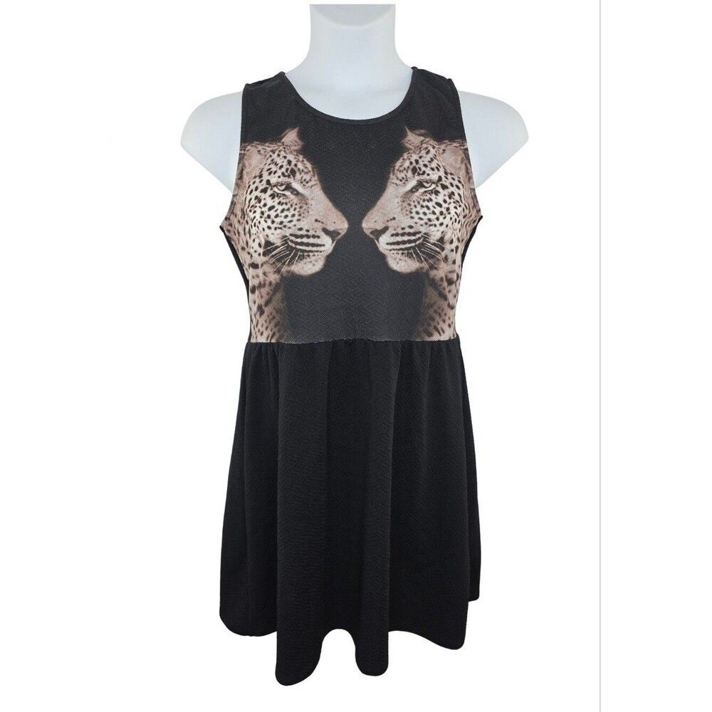 Cotton On L Black Skater Dress With Leopard Faces 3910-